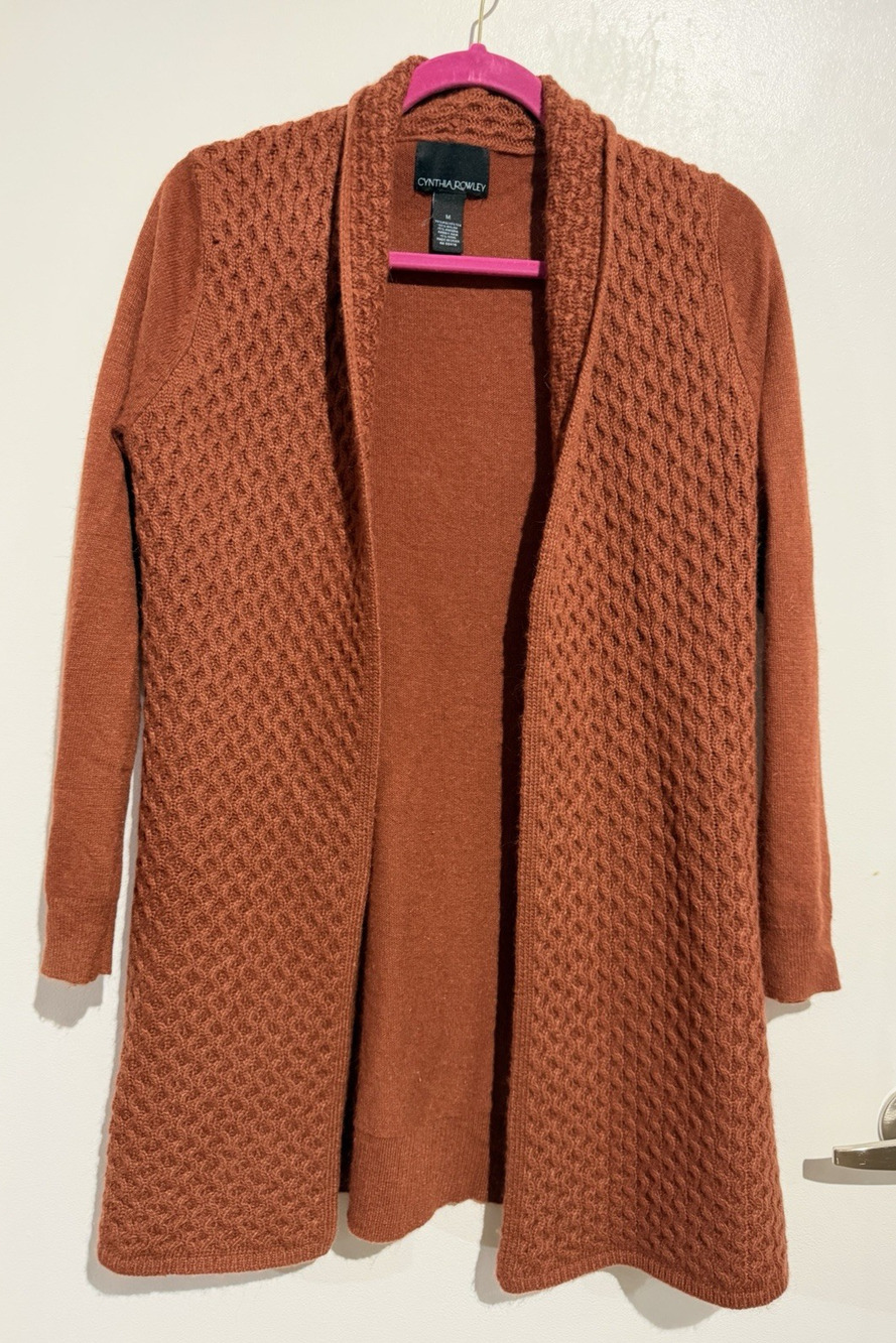 Rust Orange Honeycomb Knit Wool Angora blend Shawl Collar Cardigan Sweater Sz-M